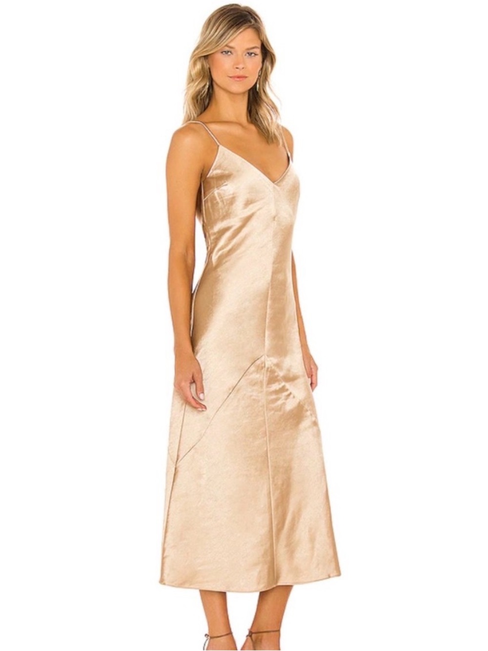 Line & Dot Gold Satin Midi Dress